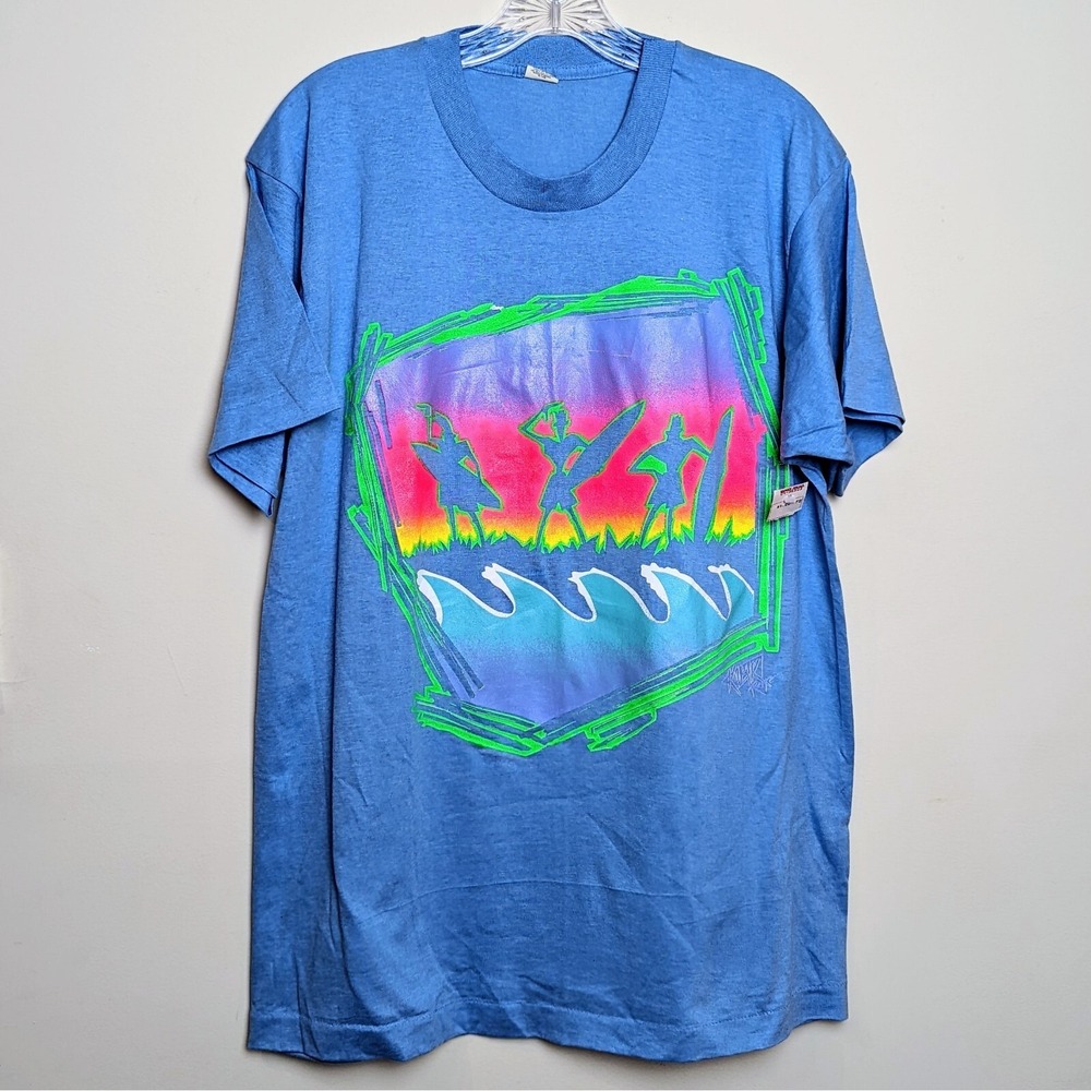 VTG 80s Kubik Streetwear Tribal Neon Surf Single‎ Stitch Screen Stars DS Large